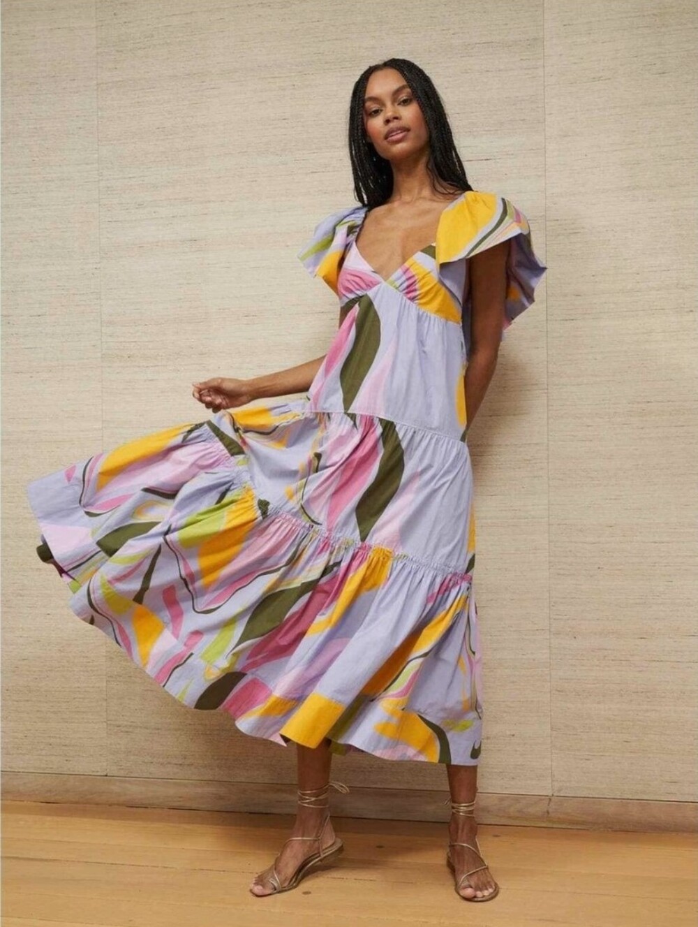 La Ligne Multicolor Tiered Flutter Maxi Dress in Yellow, Lilac & Olive - Picture 1 of 10